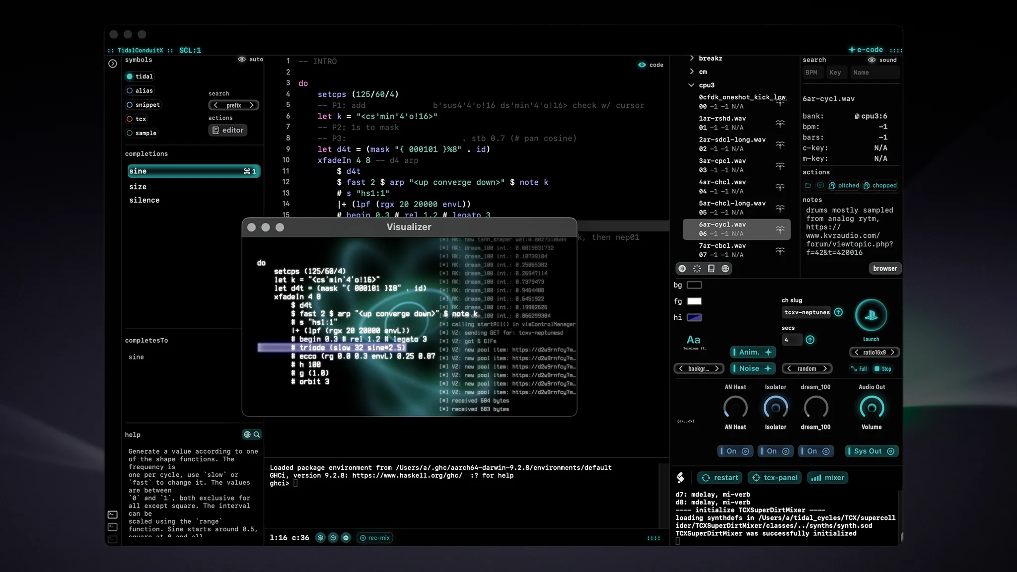 main interface, with external visualizer window